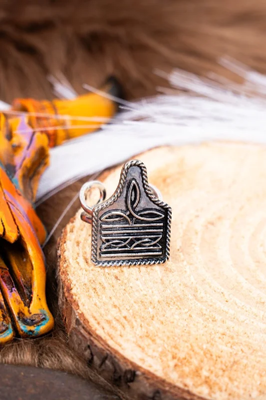 Rings with hematite for sleek metallic sheen -TIPI Signature Stitches Cattle Tag Silvertone Cuff Ring