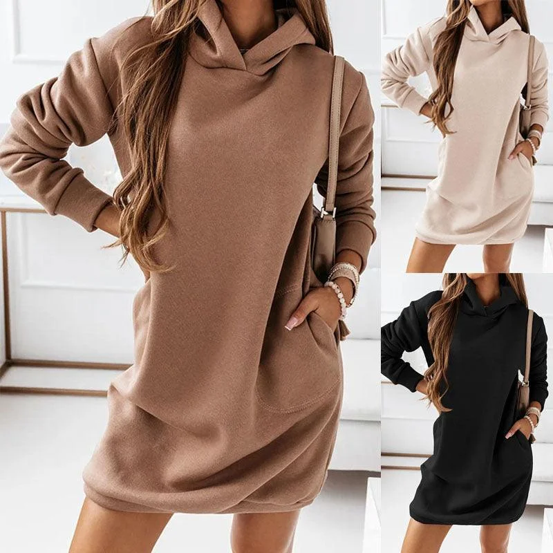 Strapless Dresses for Glamorous -Fashion Hooded Long-sleeved Solid Color Women's Dress