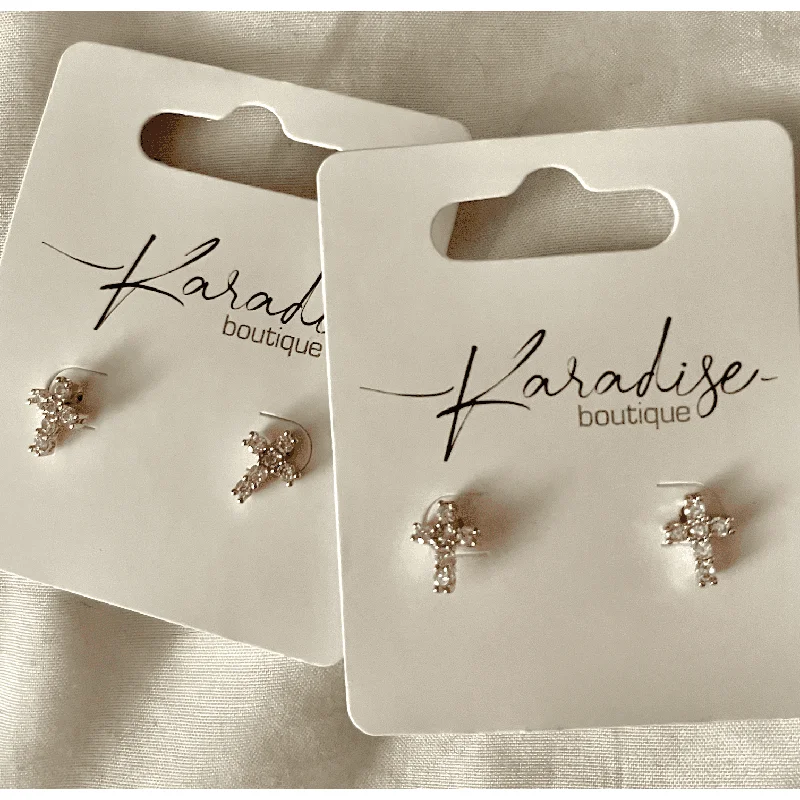 Rings with engraved constellations for stargazers -Mini Cross Rhinestone Stud Earring