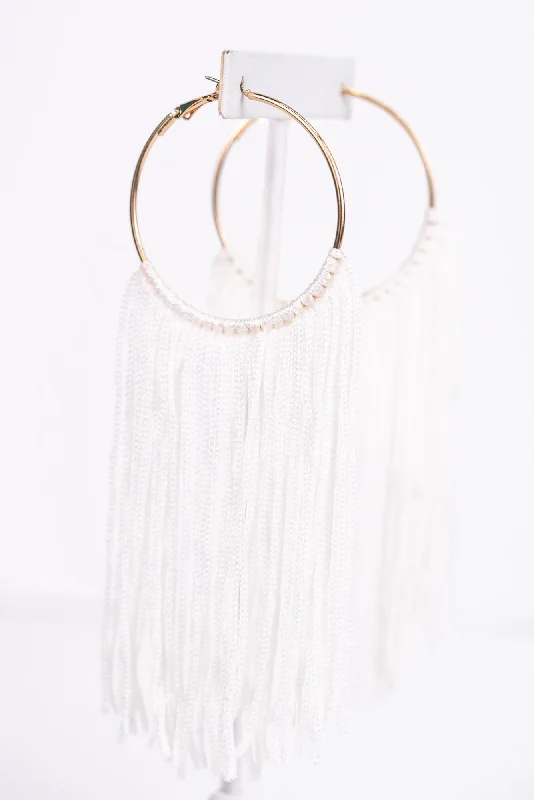 Drop Earrings with Polished Shine -Long White Tassel Gold Hoop Earrings - EAR2686WH