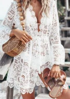 Birthday Dresses for Celebration -Sexy Resort Style Lace Long Sleeve V-Neck Dress