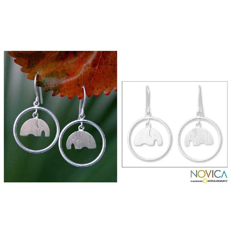 Animal Print Drop Earrings for Fun -Handmade Sterling Silver 'Elephant Circle' Dangle Earrings (Thailand)