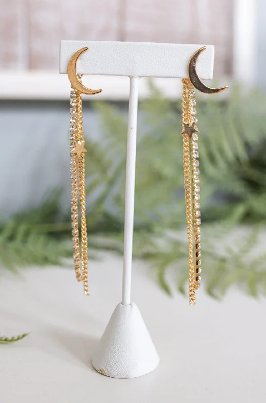 Detachable Drop Earrings with Charms -Gold/Bling Moon/Star Fringe Drop Earrings - EAR4041GD