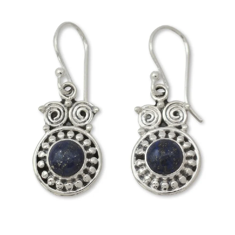 Gold Drop Earrings for Women -Handmade Sterling Silver 'Intuitive Owl' Lapis Lazuli Earrings (India)