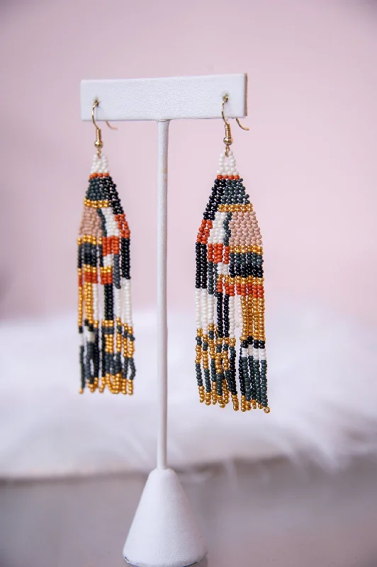 Drop Earrings with Chevron Designs -Black/Multi Color Seed Bead Tassel Earrings - EAR4141BK