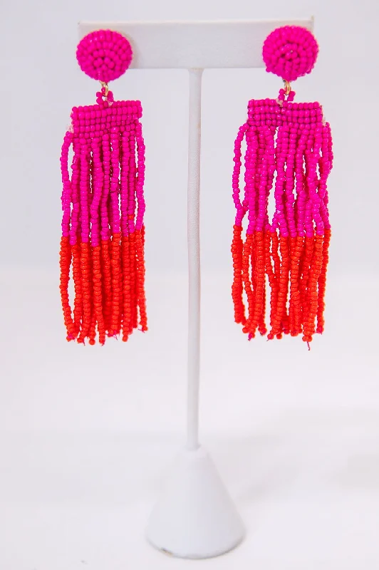 Drop Earrings for Valentine's Day -Fuchsia/Red Seed Bead Tassel Earrings - EAR4268FU