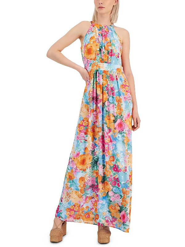 Denim Dresses for Casual Style -Womens Pleated Floral Print Maxi Dress