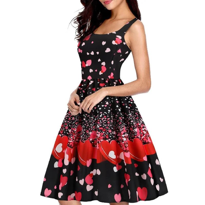 Brown Dresses for Earthy -Valentines Day Temperament Stitching Heart Shaped Print Swing Dress