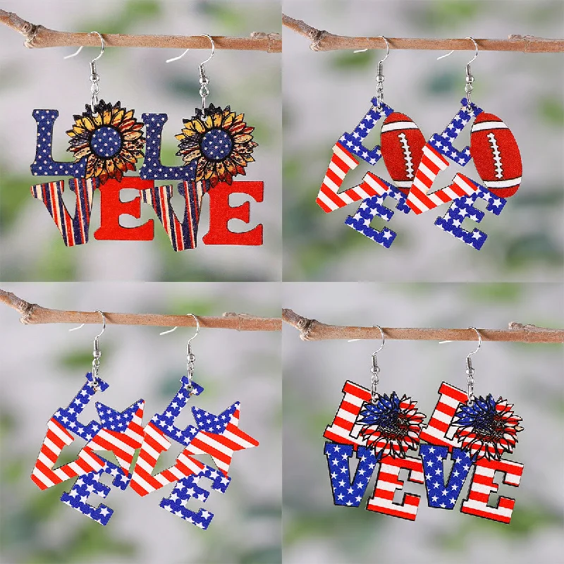 Minimalist Drop Earrings with Simplicity -Wholesale American Independence Day Star Sunflower Wooden Double-Sided Earrings