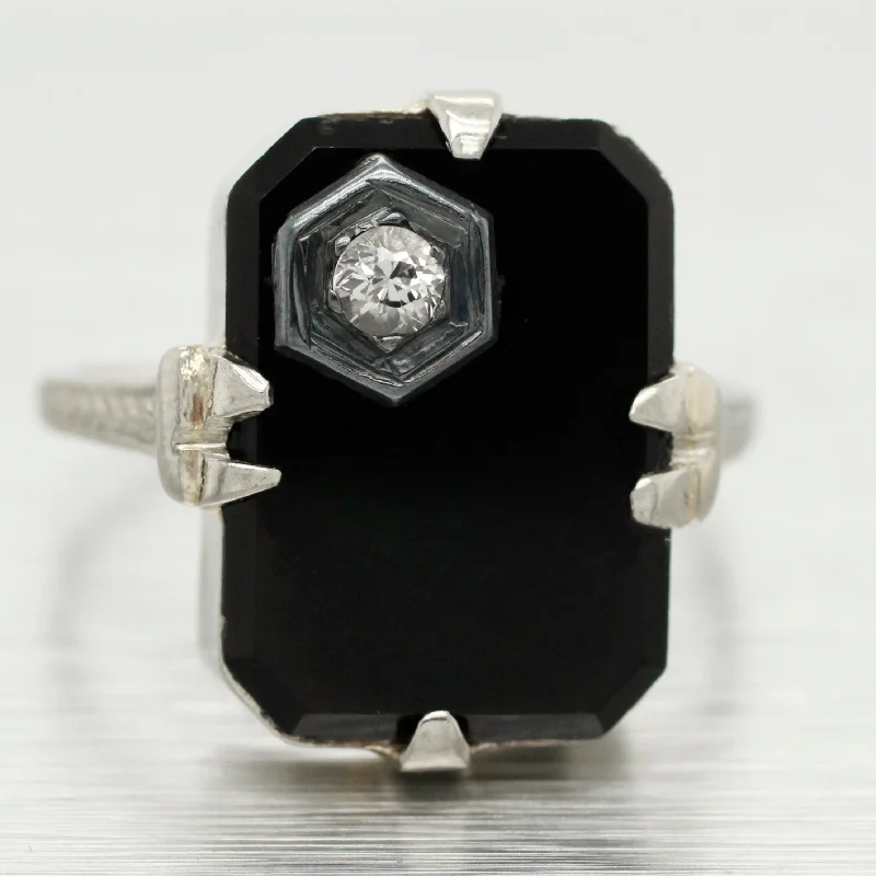 Rings with adjustable bands for perfect fit -Antique Art Deco 0.05ct Diamond and Onyx Cocktail Ring - 18k White Gold