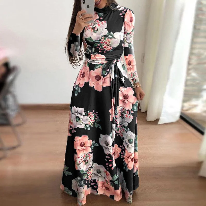 Maximalist Dresses for Bling -New Style European And American Style Flower Print Short-sleeved Big Dress Women