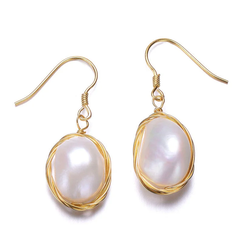 Lightweight Drop Earrings for All Day -Sterling Silver 14k Gold Plated with Baroque Pearl Hook Earrings