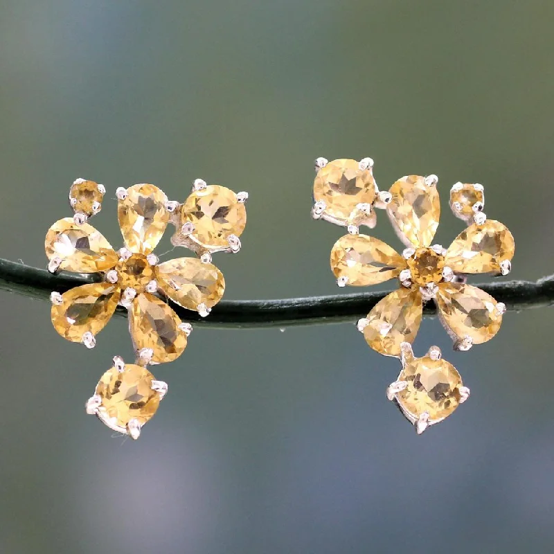 Drop Earrings with Crown Designs -Handcrafted Sterling Silver 'Sunshine Petals' Citrine Earrings (India) - 0.9*0.6