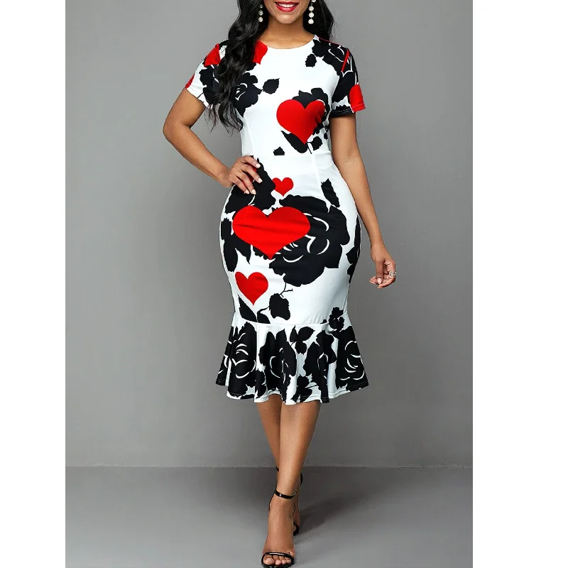 Halter Dresses for Chic Style -European And American Round Neck Short Sleeve Printed Slim Ruffle Dress