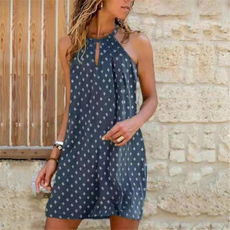 Beach Dresses for Coastal -Women's Sexy Sling Hanging Neck Print Dress