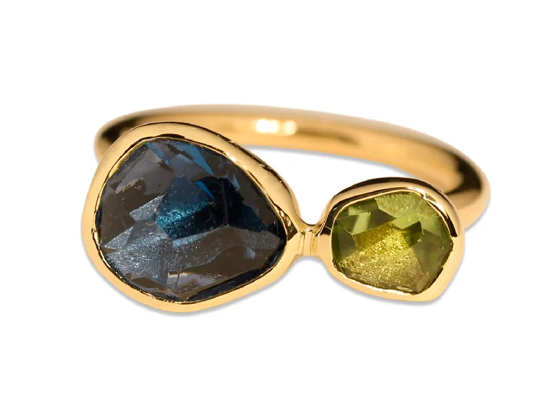 Rings with rainbow moonstone for color play -London Blue Topaz and Peridot Ring