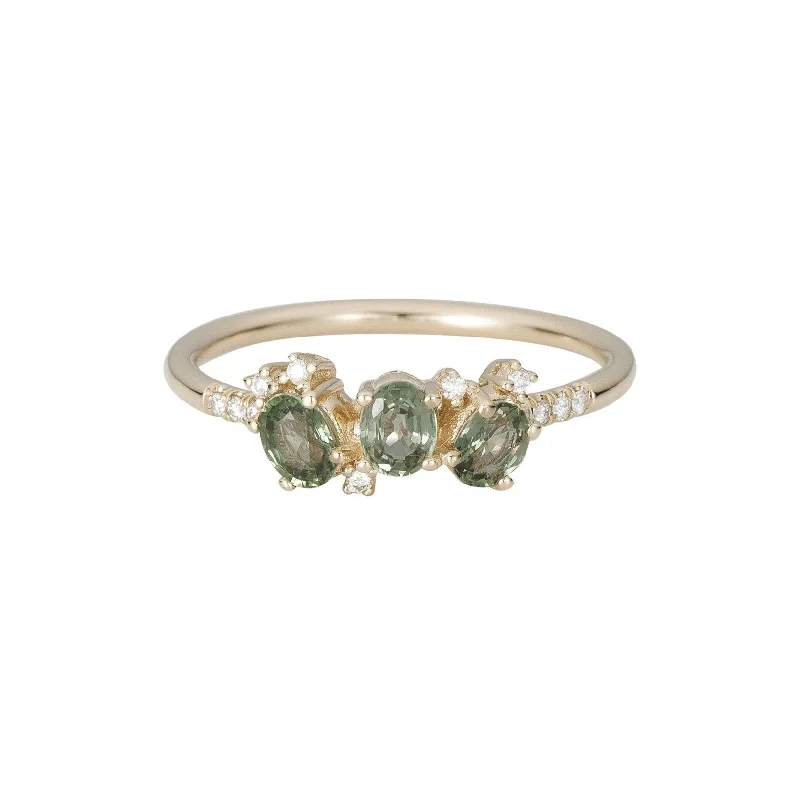 Minimalist rings with tiny diamond dot accents -Green Sapphire Cluster Fan Ring