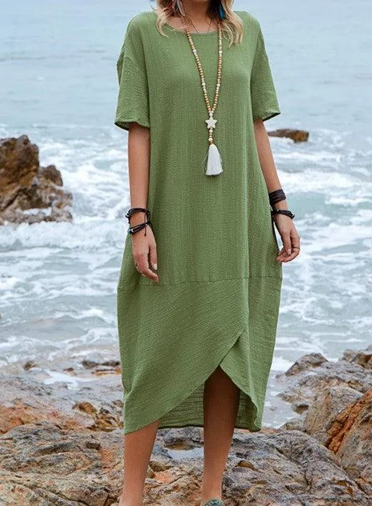 Linen Dresses for Breathable -Women Maxi Dress Neck Pocket Summer Loose Casual Baggy Robe Female Retro Long Dresses