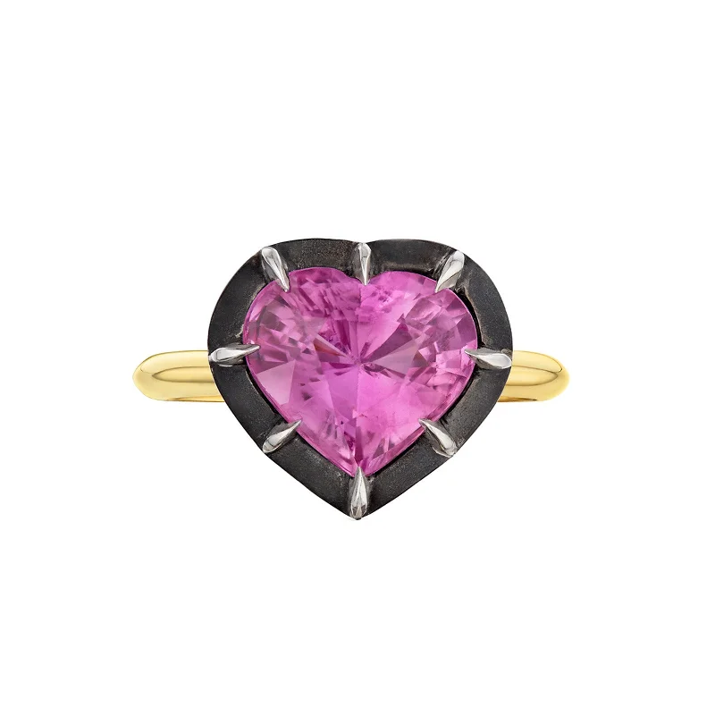 Rings with double bands for modern twist -Collet Heart-Shaped Ring - Pink Sapphire