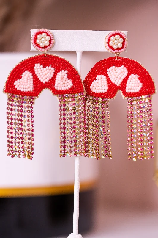 Push Back Drop Earrings for Convenience -Red/Light Pink Rainbow/Heart Beaded/Bling Drop Earrings - EAR4010RD