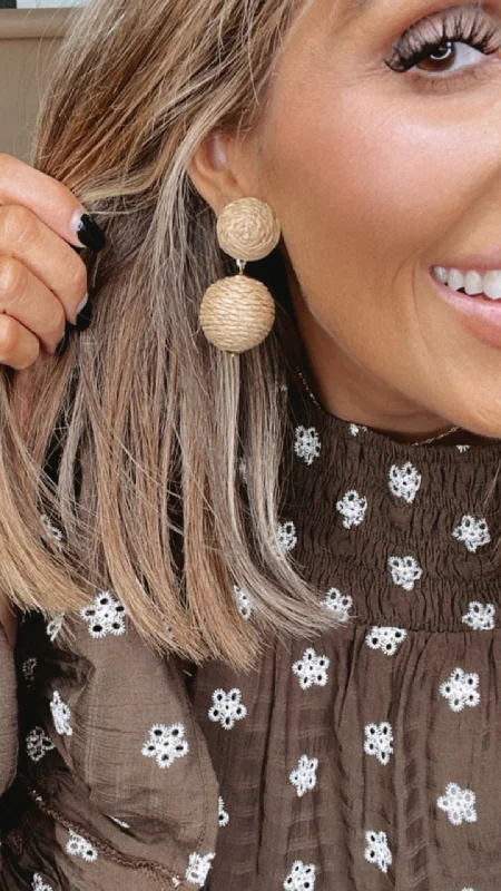 Short Drop Earrings for Subtle -Raffia Wrapped Ball Post Drop Earrings