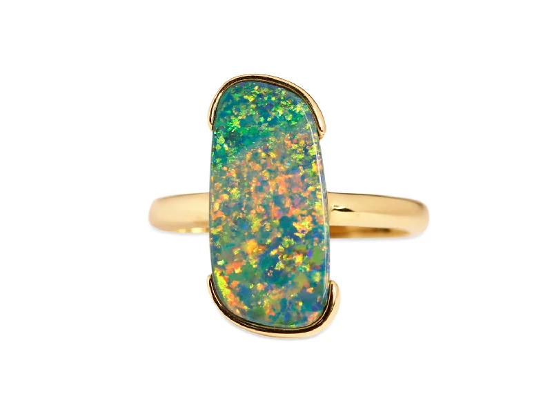 Rings with hexagon-cut stones for trendiness -Australian Opal Doublet Ring in 14K Yellow Gold