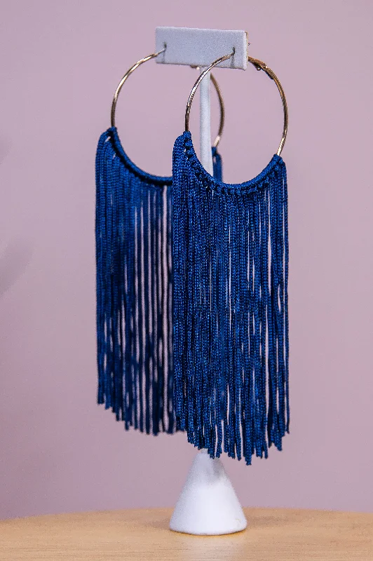 Drop Earrings for Gym Workout -Long Navy Tassel Gold Hoop Earrings - EAR4372NV