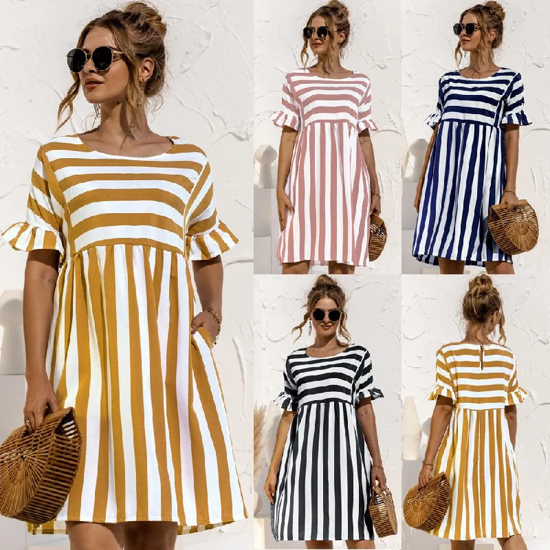 Sheath Dresses for Sophisticated -Ruffled Short-sleeved Striped Stitching Contrast Pocket Loose Dress