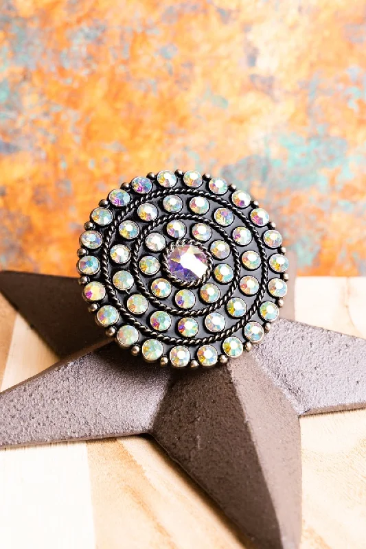 Rings with fluorite stones for rainbow shine -TIPI Bold and Brilliant Iridescent Crystal Large Disk Cuff Ring