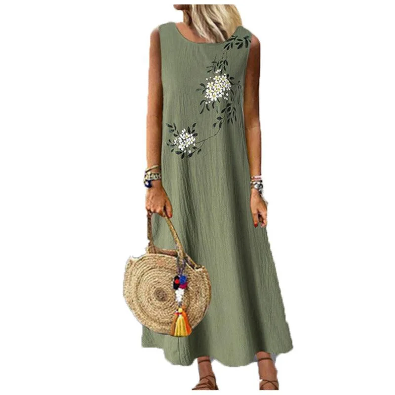 Flared Dresses for Retro -Cotton Linen Round Neck Sleeveless Printed Vest Dress