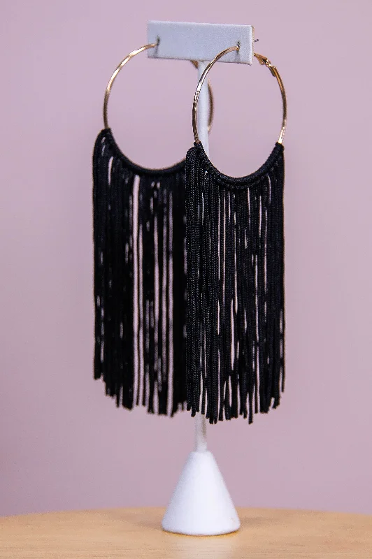 Drop Earrings with Wave Designs -Long Black Tassel Gold Hoop Earrings - EAR4367BK