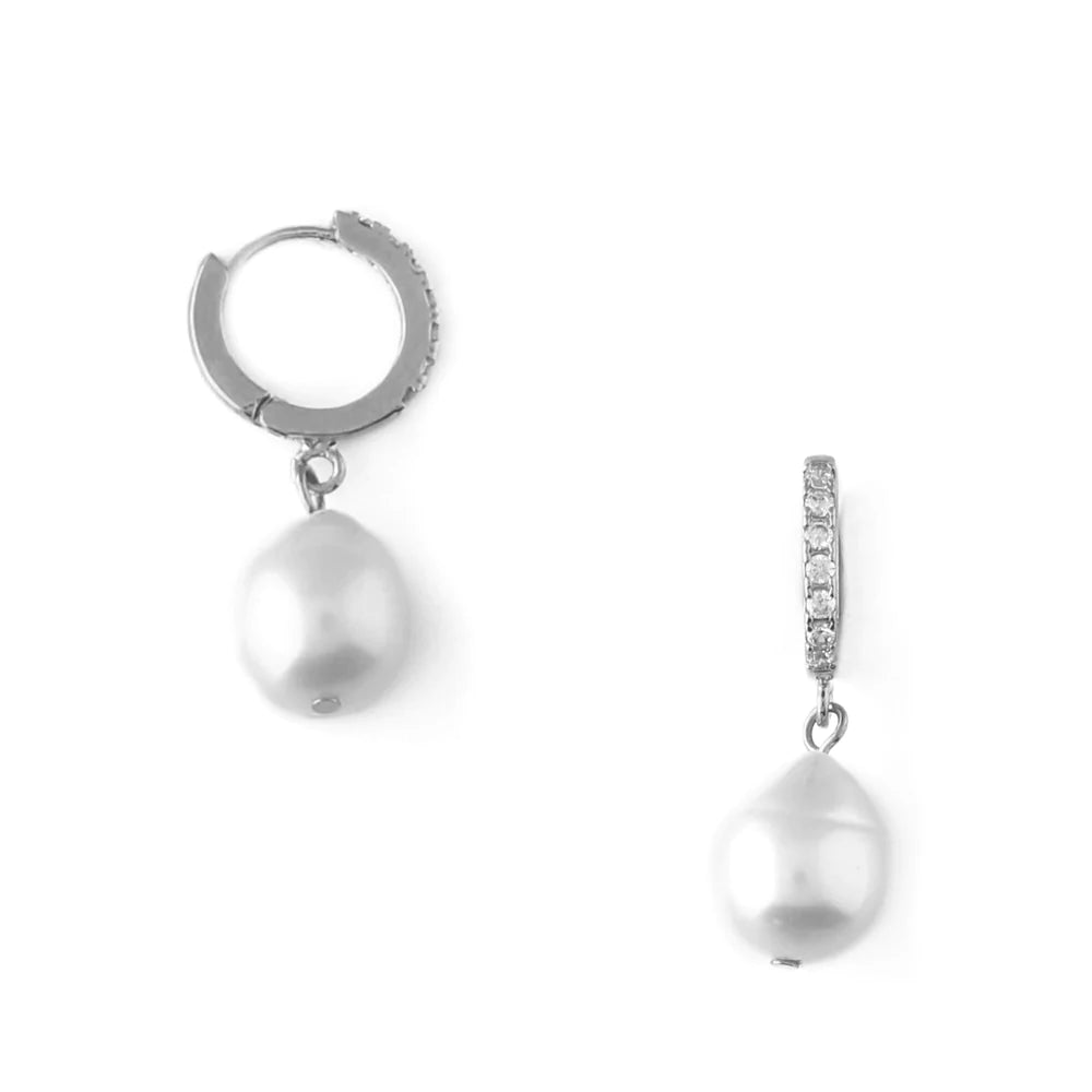 Diamond Drop Earrings for Luxury -Orelia Pearl Drop Pave Huggie Hoop Earrings