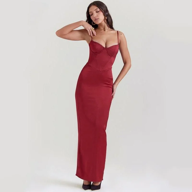 Resort Dresses for Vacation -Elegant Satin Backless Bodycon Maxi Dress