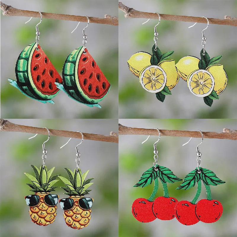 Drop Earrings for Beach Outfit -Wholesale Summer Watermelon Lemon Pineapple Cherry Pendant Wooden Double-Sided Earrings