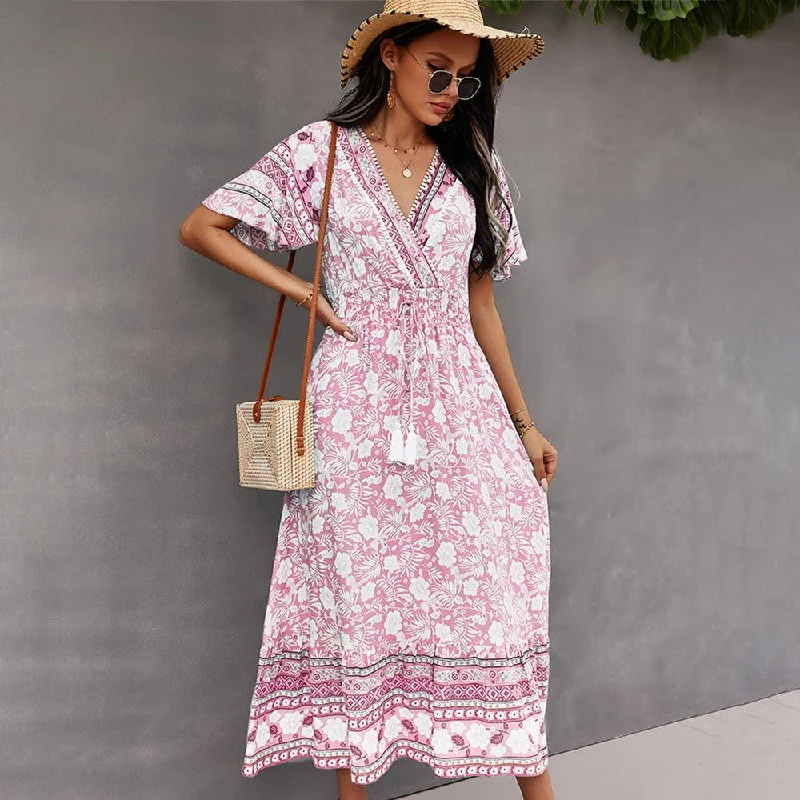 Ethnic Dresses with Tribal Design -2021 Bohemian Dress Summer Women Clothing Loose V-Neck Casual Beach Sundresses