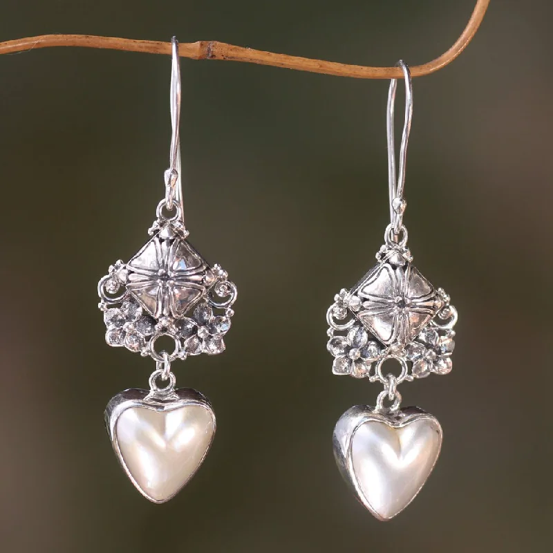 Drop Earrings with Debossed Designs -Sterling Silver 'Pure of Heart' 13.5mm Pearl Earrings (Indonesia) - 2.4*0.7