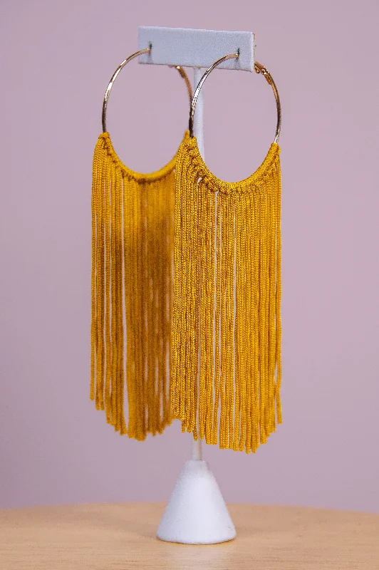 Drop Earrings with Star Motifs -Long Dark Mustard Tassel Gold Hoop Earrings - EAR4369DMU