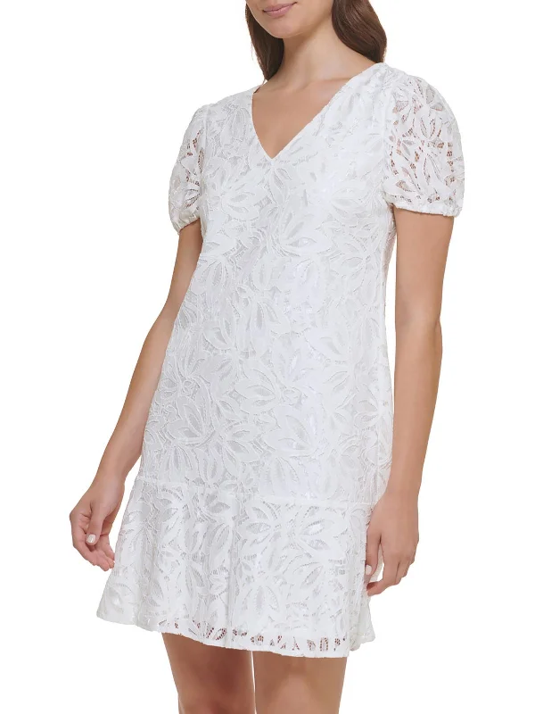 Minimalist Dresses for Simplicity -Womens Lace Puff Sleeves Shift Dress