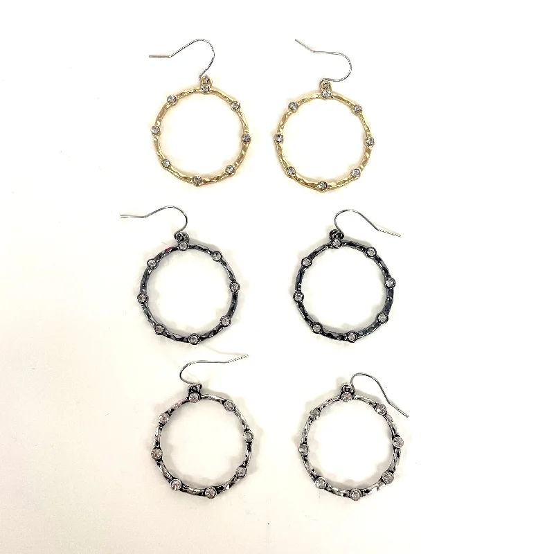 Drop Earrings for Formal Attire -Hammered Circle Earrings with 8 CZ Studs Around