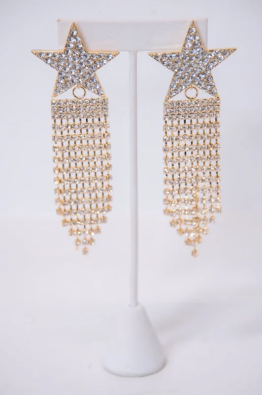 Drop Earrings for Concert Look -Gold Bling Star Tassel Earrings - EAR4239GO