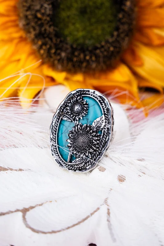 Rings with pink sapphire for delicate charm -Turquoise Becka Sunflower Silvertone Ring