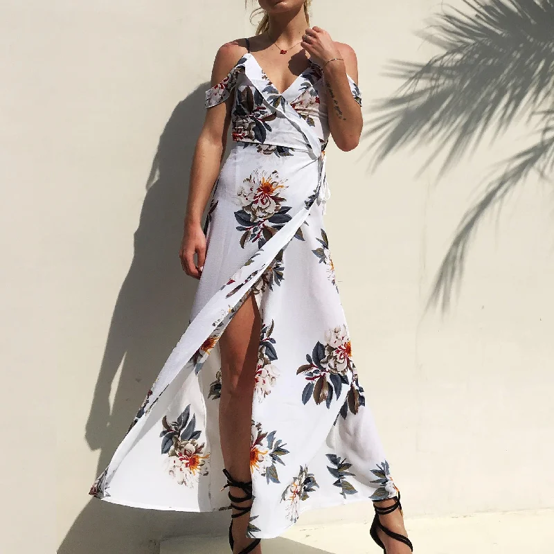 Midi Dresses for Versatile Wear -USA SIZE Printed off-the-shoulder beach dress dress seaside holiday irregular split chiffon dress