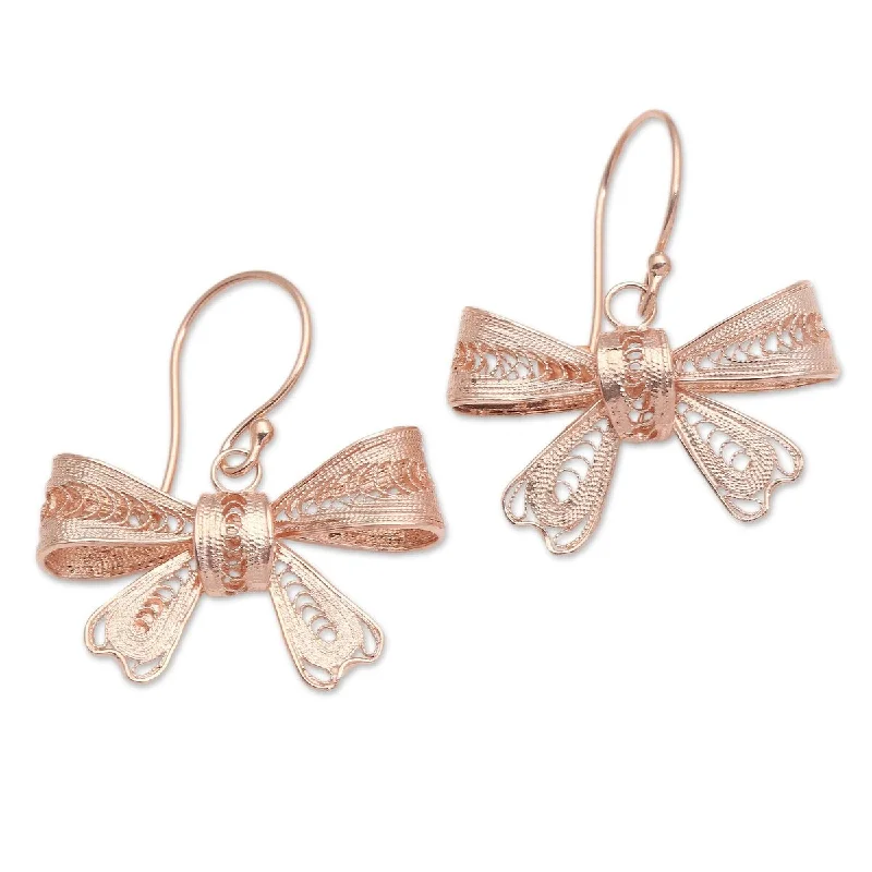 Drop Earrings for School Uniform -NOVICA Lovely Ribbon, Rose gold plated filigree dangle earrings - 0.2