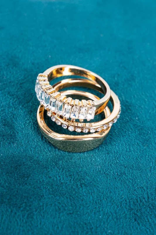 Rings with vintage claw prongs for elegance -Crystal Avenue Nancey Crystal Goldtone 3 Ring Set