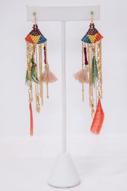 Drop Earrings with Debossed Designs -Multi Color Seed Bead/Feather/Tassel Drop Earrings - EAR4271MU