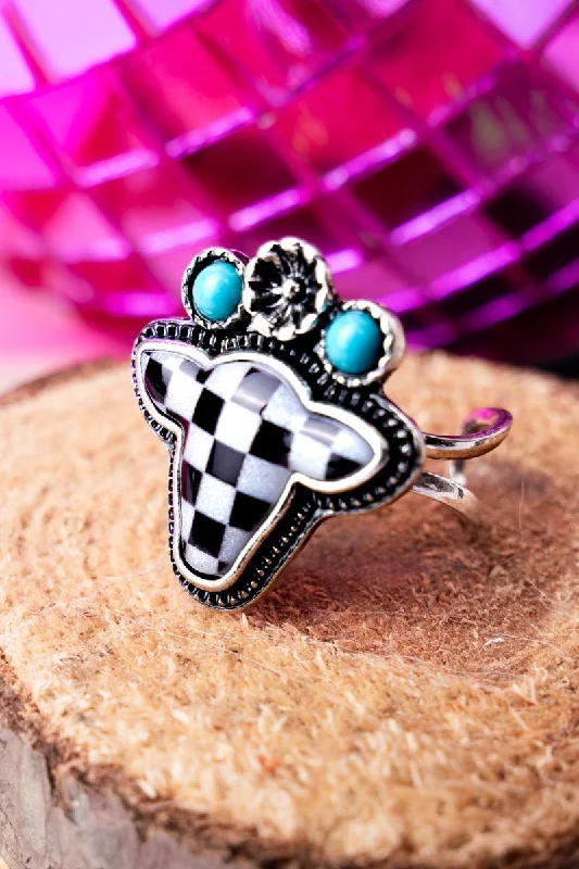 Rings with gothic rose quartz for drama -TIPI Rosy Checkered Cow Silvertone Cuff Ring