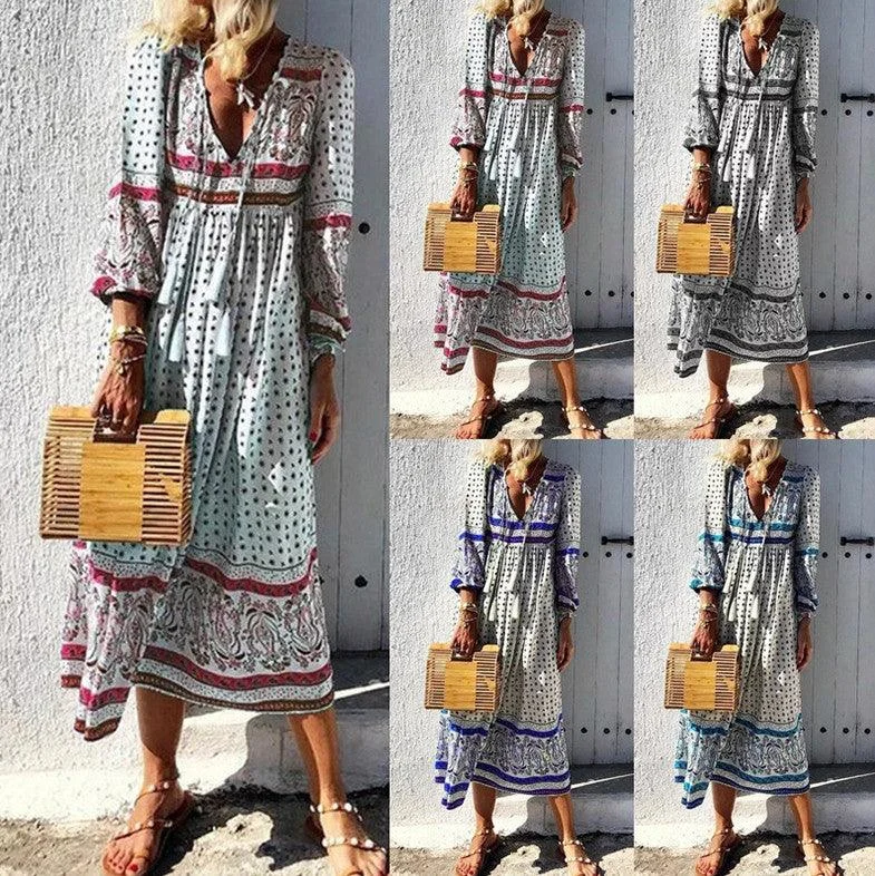 Solid Color Dresses for Simple -Bohemian long sleeve V-neck pullover dress