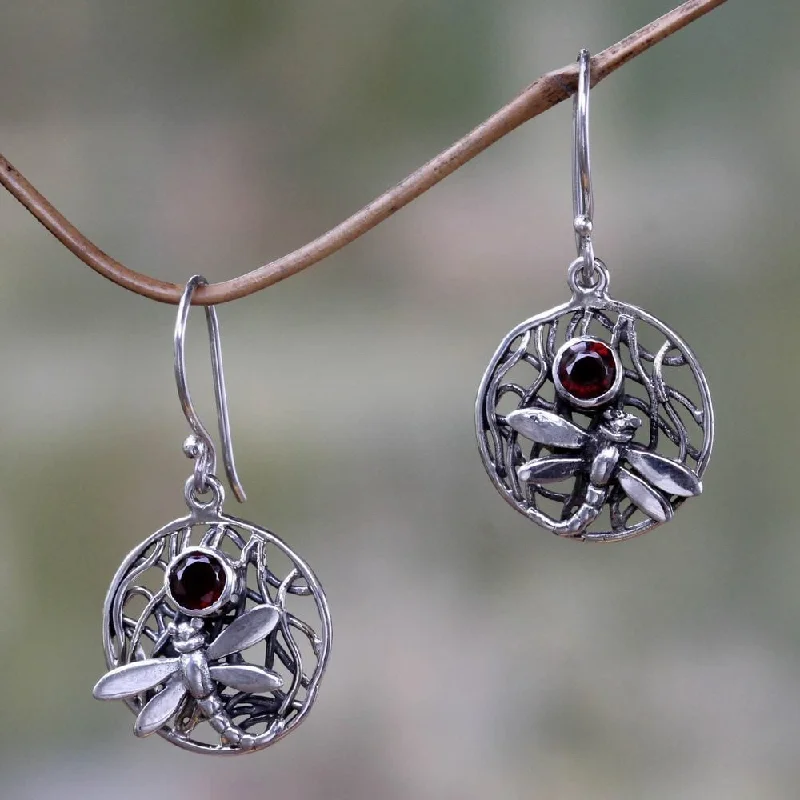 Studded Drop Earrings with Gemstones -Sterling Silver Wild Dragonfly Garnet Earrings (Indonesia)