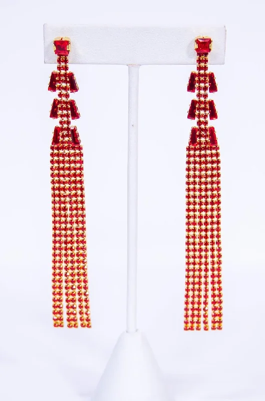 Drop Earrings for School Uniform -Red/Gold Rhinestone Fringe Earrings - EAR4226RD