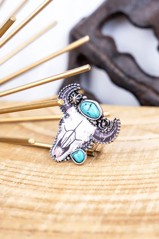 Rings with gothic-inspired skull motif details -Turquoise Rodeo Ready Steer Silvertone Ring